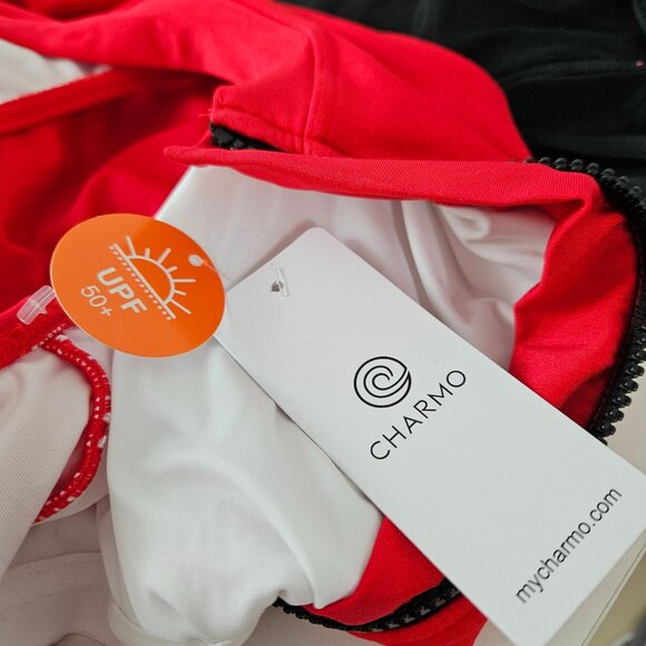 Charmo Womens High Neck Zipper Full Coverage One Piece Swimsuit Size Medium Red - Picture 10 of 11